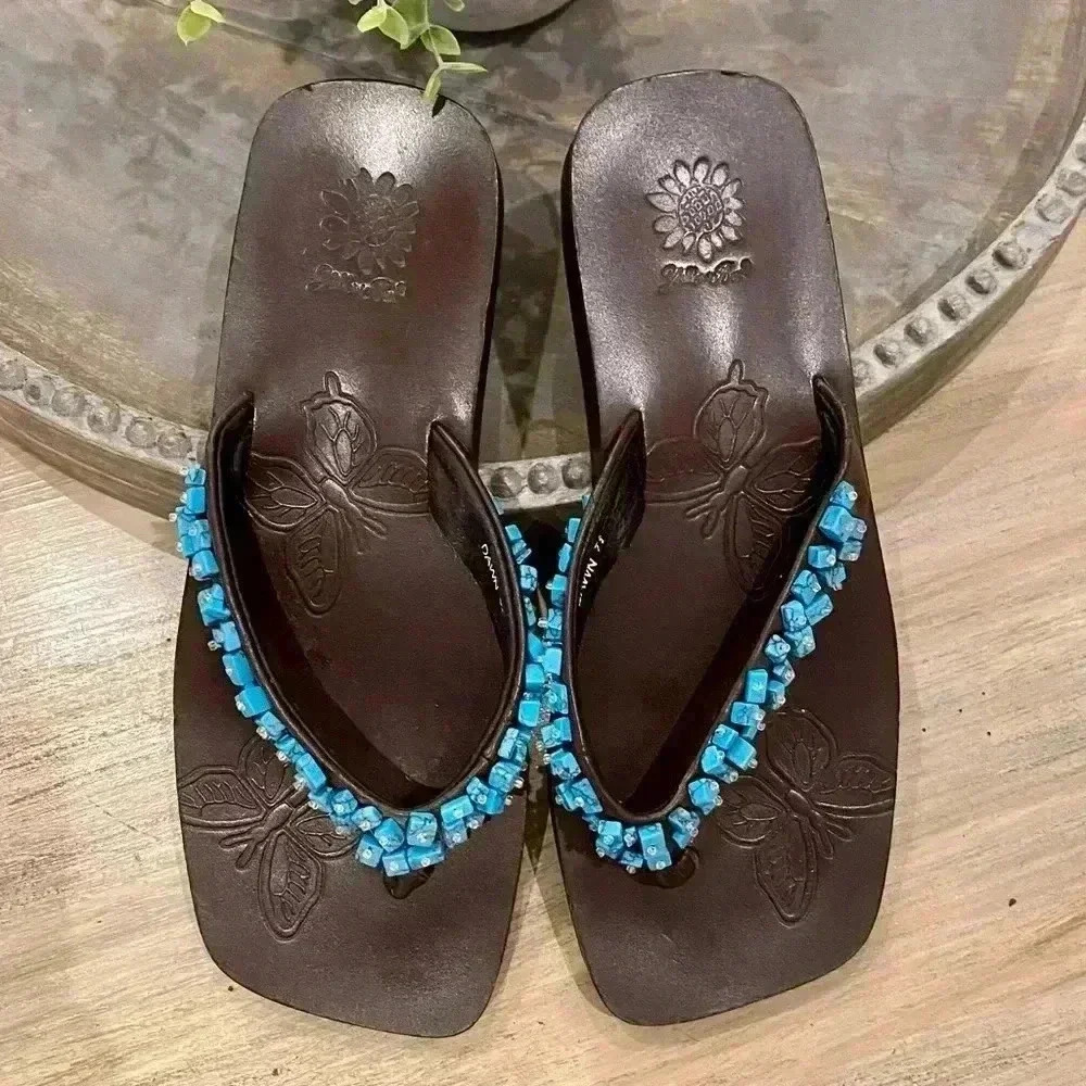 Yellow Box turquoise beaded sandals